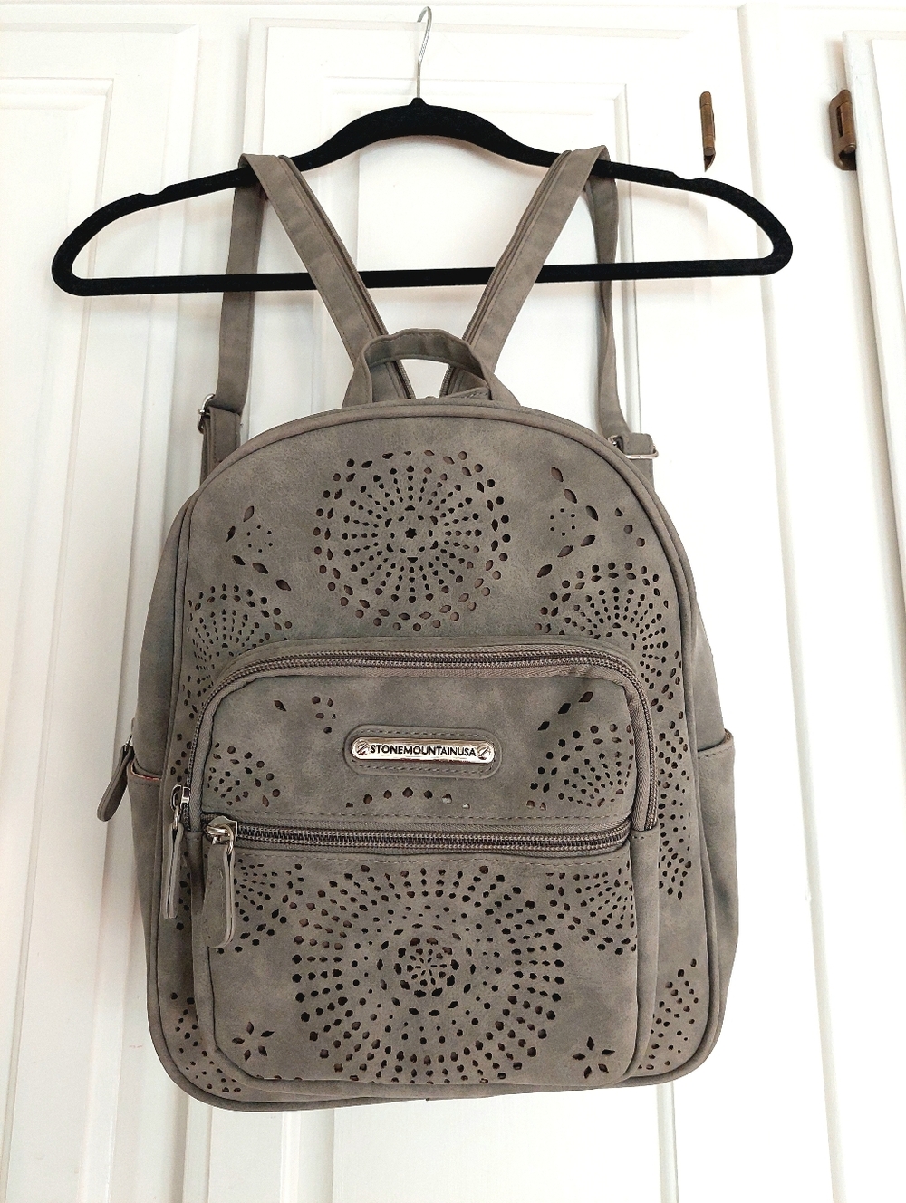 Stone Mountain Nubuck Perforated Vegan Leather Backpack in Grey